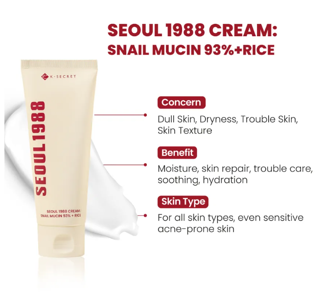 KSECRET – SEOUL 1988 Cream: Snail Mucin 93% + Rice 100ml